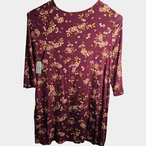 New Time And Tru Dress Plus Size XXL 2X Burgundy Floral Flowers Stretch Maroon